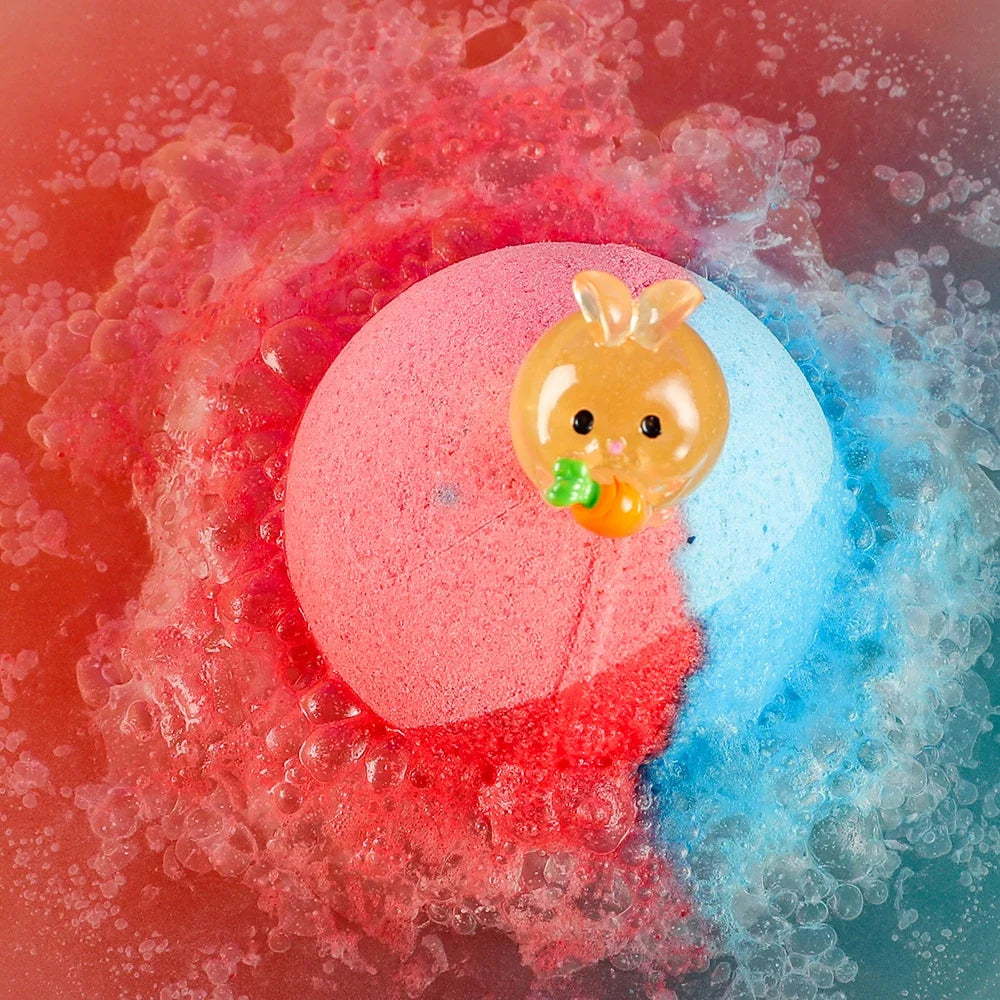 Kids bath bombs with surprise inside by Silcy Skin; pink blue dual color fizz with bath toy on Tampa Home & Garden Store