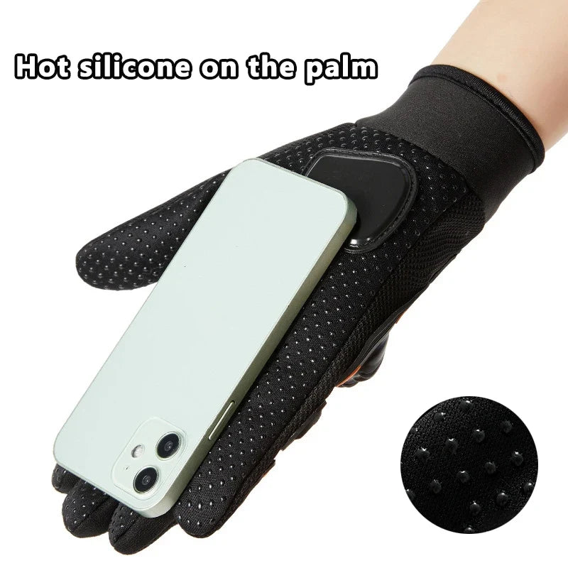Waterproof anti-slip motorcycle gloves by BikerZoneZ with silicone grip palm holding phone on Tampa Home & Garden Store
