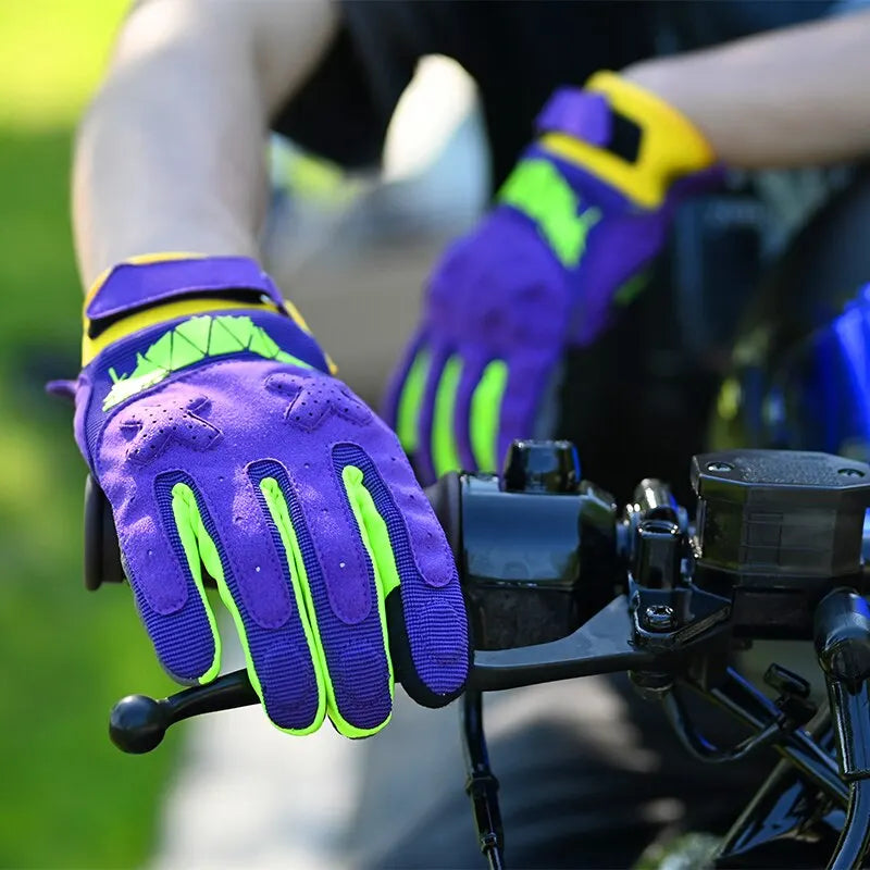 Touch Screen Gloves 4-color by BikerZoneZ, purple with neon green accents on motorcycle bars on Tampa Home & Garden Store