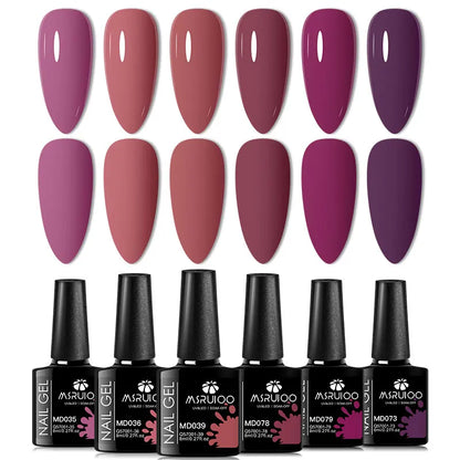 Silcy Skin 6pc nail gel polish set with 12 pink to purple swatches and six black-cap bottles on Tampa Home & Garden Store