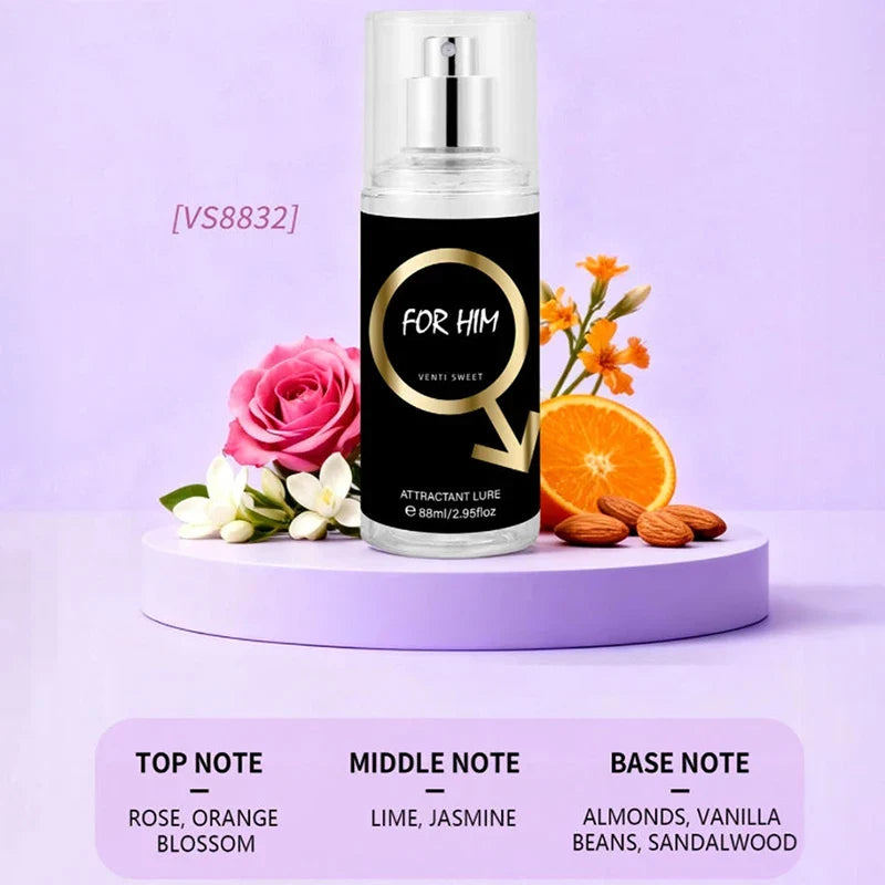 Pheromone Midnight Temptation perfume bottle with black label and gold ring on purple stand on Tampa Home & Garden Store