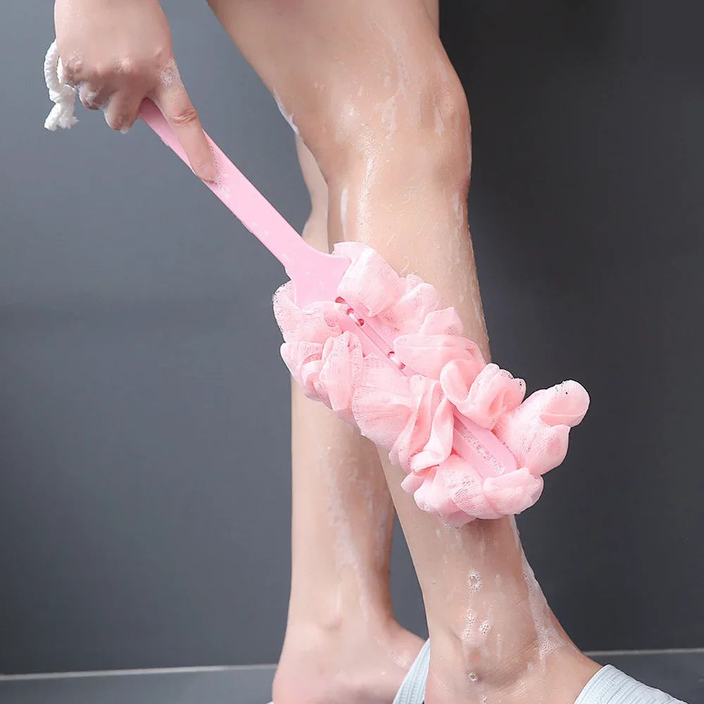 Long-handle back brush by Silcy Skin with pink ruffle mesh sponge on Tampa Home & Garden Store