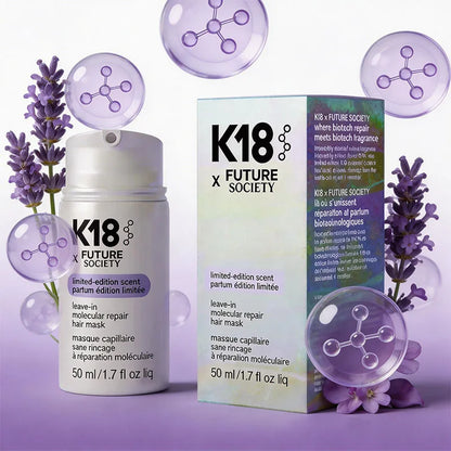 K18 Future Society leave-in molecular repair hair mask bottle with lavender accents and box on Tampa Home & Garden Store