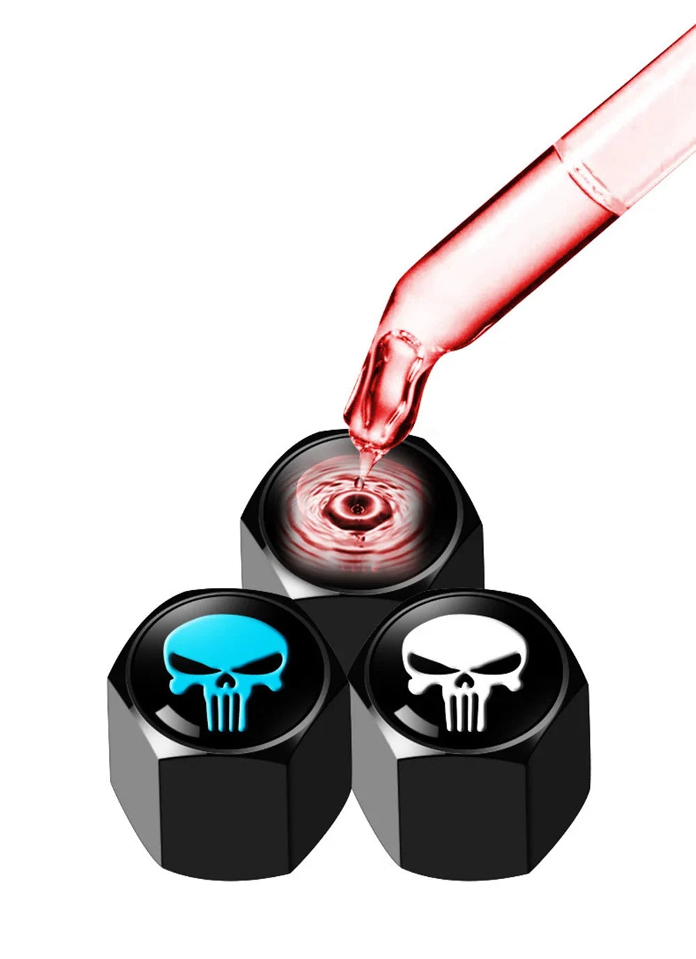 Anti-Theft Skull Valve Caps 3-pack black hex caps with blue/white skull logos by BikerZoneZ on Tampa Home & Garden Store