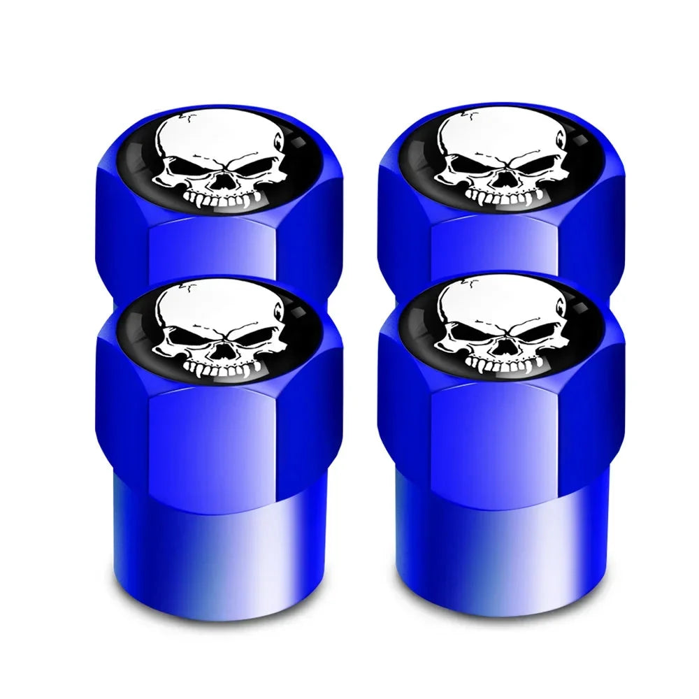 Valve stem caps 4-pack, blue aluminum with skull tops, BikerZoneZ on Tampa Home & Garden Store