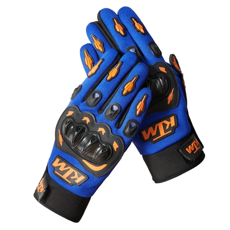 Waterproof anti-slip motorcycle gloves blue pair with orange knuckles and WZ logo on wrist on Tampa Home & Garden Store