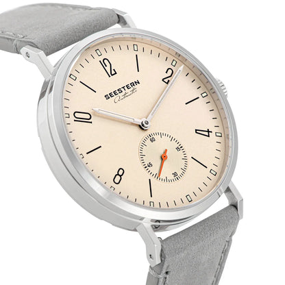 Men's ultra-thin automatic dress watch beige dial stainless steel case gray leather strap on Tampa Home & Garden Store