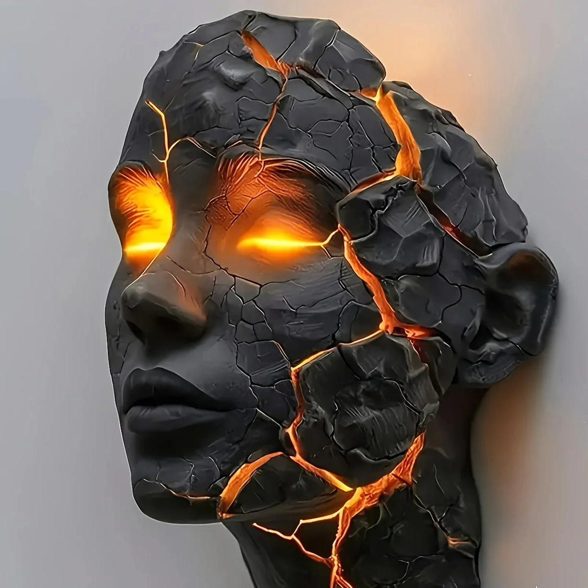 Cracked soul wall lamp dark resin sculpture with glowing orange lava cracks and ember glow on Tampa Home & Garden Store