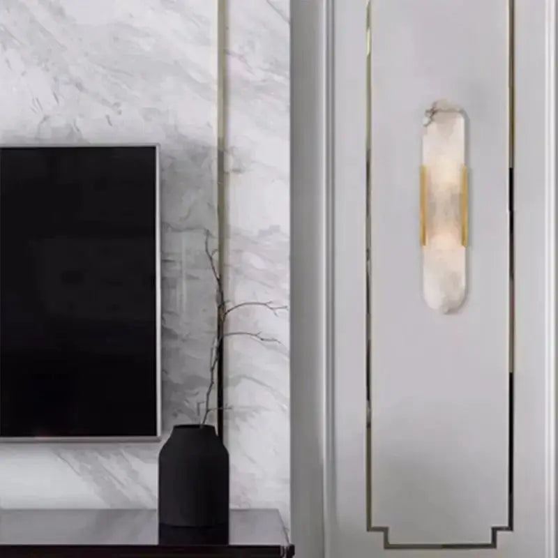 DecorBites Linear Marble Chandelier alabaster pendant light with white marble and brass trim on Tampa Home & Garden Store