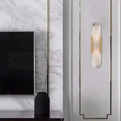 DecorBites Linear Marble Chandelier alabaster pendant light with white marble and brass trim on Tampa Home & Garden Store