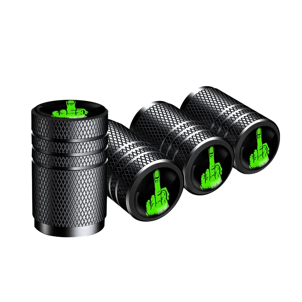 BikerZoneZ valve caps 4pc set, black knurled metal with green logo tops on Tampa Home & Garden Store