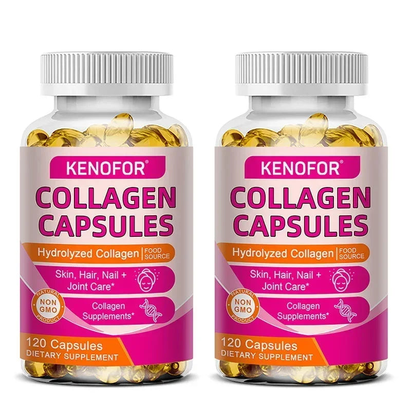 Two Kenofor collagen capsules bottles with pink label hydrolyzed collagen 120 capsules each on Tampa Home & Garden Store