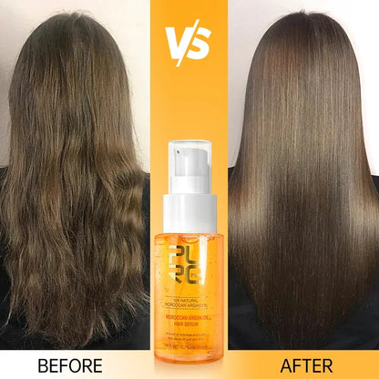 Purc Morocco Argan Oil Hair Serum orange pump bottle Silcy Skin before-after glossy brown hair on Tampa Home & Garden Store
