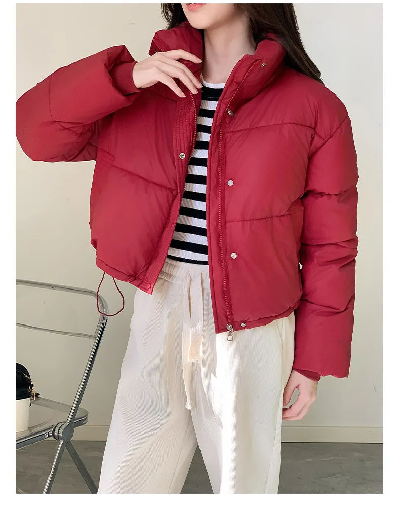Women's cropped red cotton-padded puffer jacket by UpTrend Deals over top and pants on Tampa Home & Garden Store