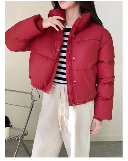 Women's cropped red cotton-padded puffer jacket by UpTrend Deals over top and pants on Tampa Home & Garden Store