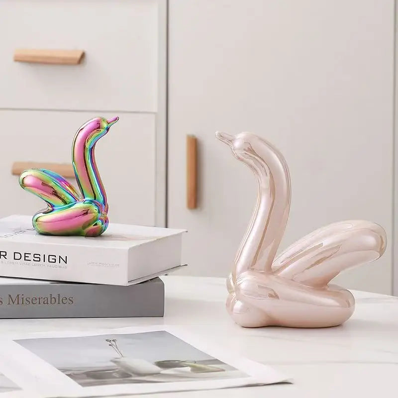 Pair of ceramic balloon swan ornaments, iridescent rainbow and pale pink, desk decor on Tampa Home & Garden Store