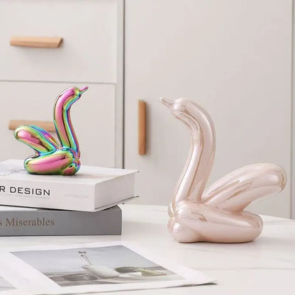 Pair of ceramic balloon swan ornaments, iridescent rainbow and pale pink, desk decor on Tampa Home & Garden Store