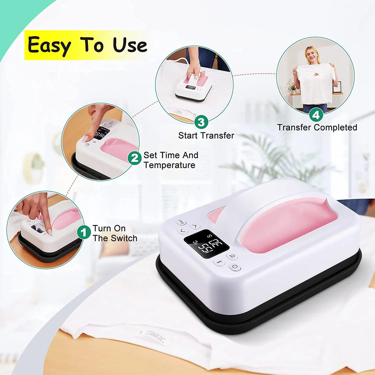 Mini Heat Press Machine 7x5in HTV Sublimation, white with pink accents UpTrend Deals on Tampa Home & Garden Store