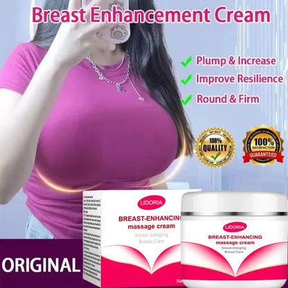 Breast-enhancing cream Lidoria with pink box and jar set, model in pink top on Tampa Home & Garden Store