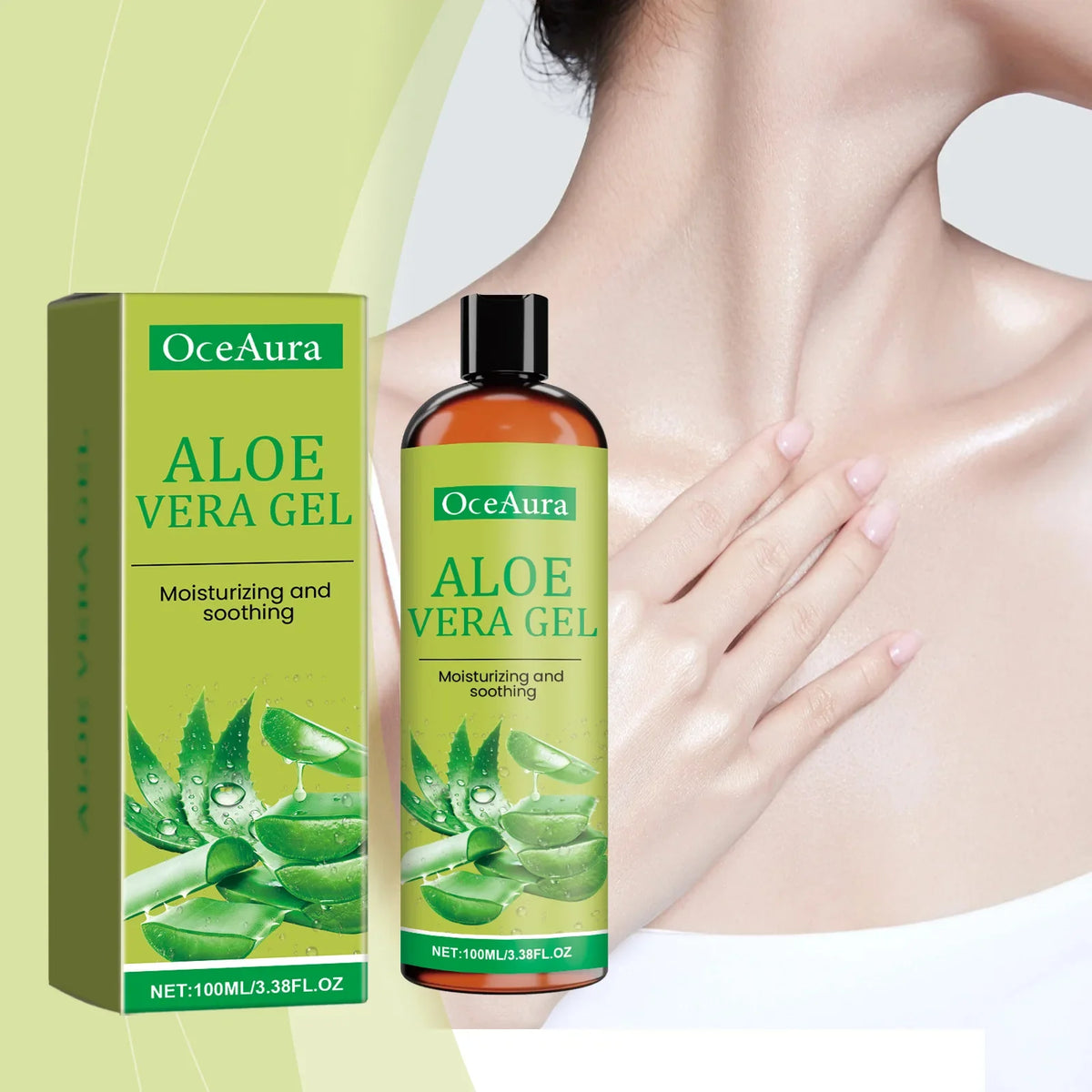 OceAura Aloe Vera Gel bottle and green box labeled Aloe Vera Gel, moisturizing and soothing on Tampa Home & Garden Store