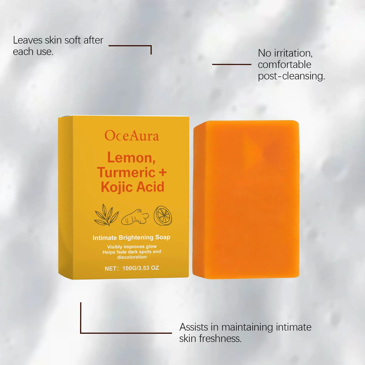 Lemon Turmeric Kojic Acid Soap by OceAura; bright yellow box with orange soap bar on Tampa Home & Garden Store