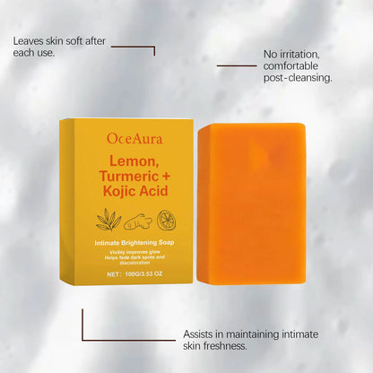 Lemon Turmeric Kojic Acid Soap by OceAura; bright yellow box with orange soap bar on Tampa Home & Garden Store