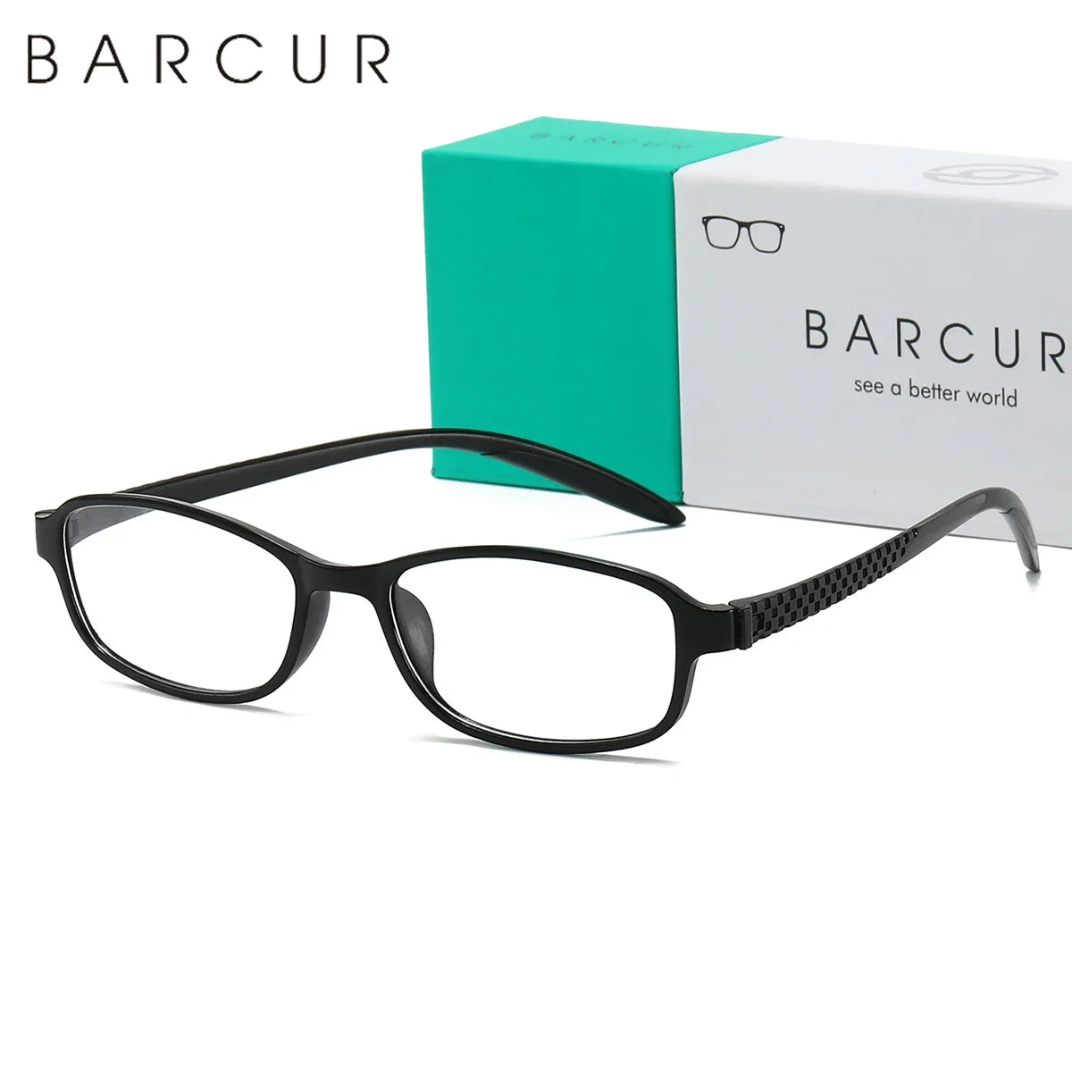 BARCUR reading glasses in black plastic frame with hinge-splice pattern and mirror temples on Tampa Home & Garden Store