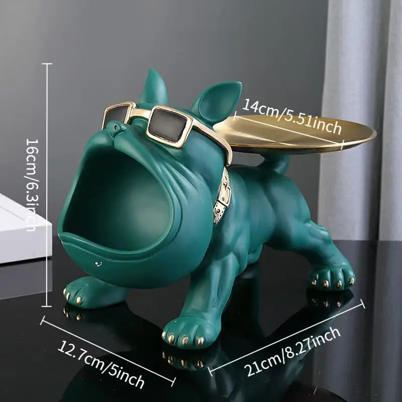 Resin bulldog statue with zinc alloy tray on back, teal finish, Perfecsy decor figurine on Tampa Home & Garden Store