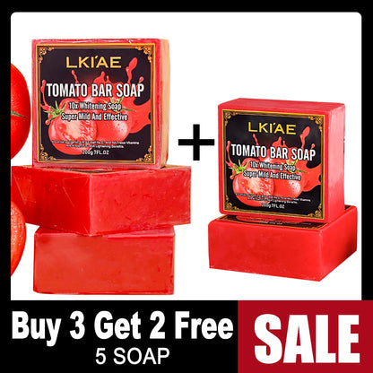 Two LKIAE Tomato Bar Soap bars in red packaging with whitening label on Tampa Home & Garden Store