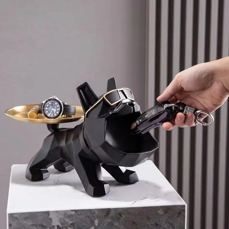Perfecsy resin bulldog key holder with gold tray for keys and jewelry, geometric decor on Tampa Home & Garden Store