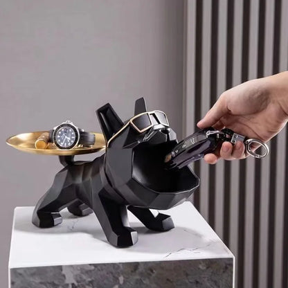 Perfecsy resin bulldog key holder with gold tray for keys and jewelry, geometric decor on Tampa Home & Garden Store