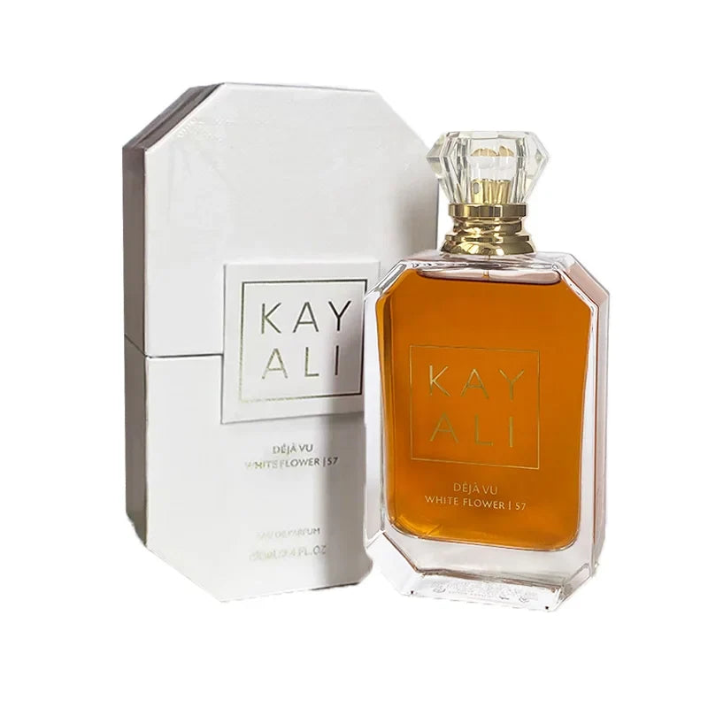 Kayali Deja Vu White Flower 57 perfume bottle with amber liquid in a faceted glass bottle on Tampa Home & Garden Store