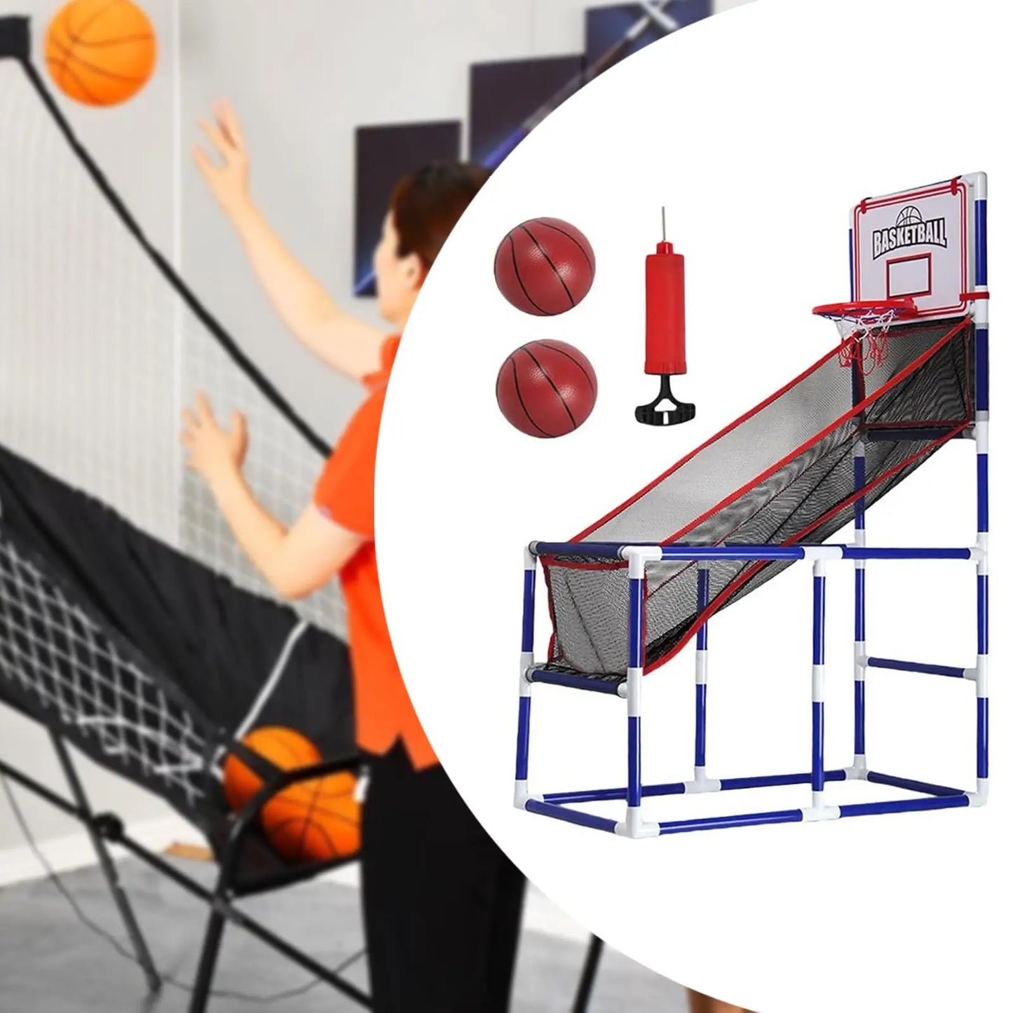 Arcade basketball game set with adjustable height mini hoop and two red basketballs on Tampa Home & Garden Store