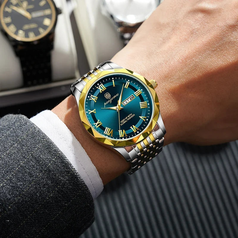 Men's minimalist quartz watch with dial, gold bezel stainless steel band water resistant on Tampa Home & Garden Store