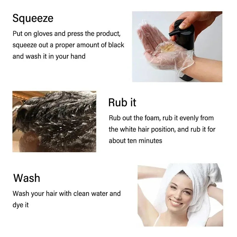 Silcy Skin 3-in-1 hair dye shampoo natural black herbal formula; squeeze, rub, wash steps on Tampa Home & Garden Store