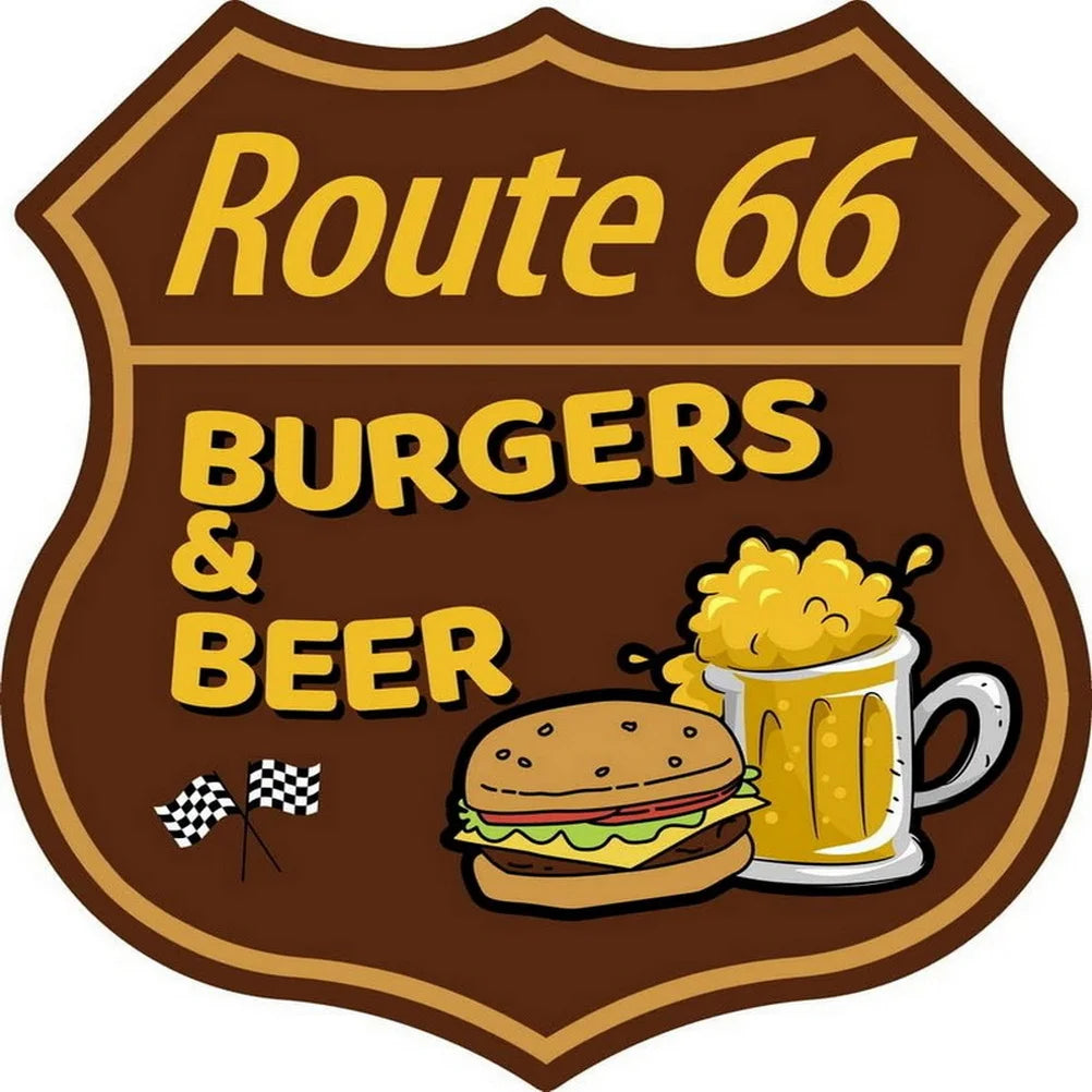 Route 66 American Dreams shield tin sign by BikerZoneZ, burger and beer art on Tampa Home & Garden Store