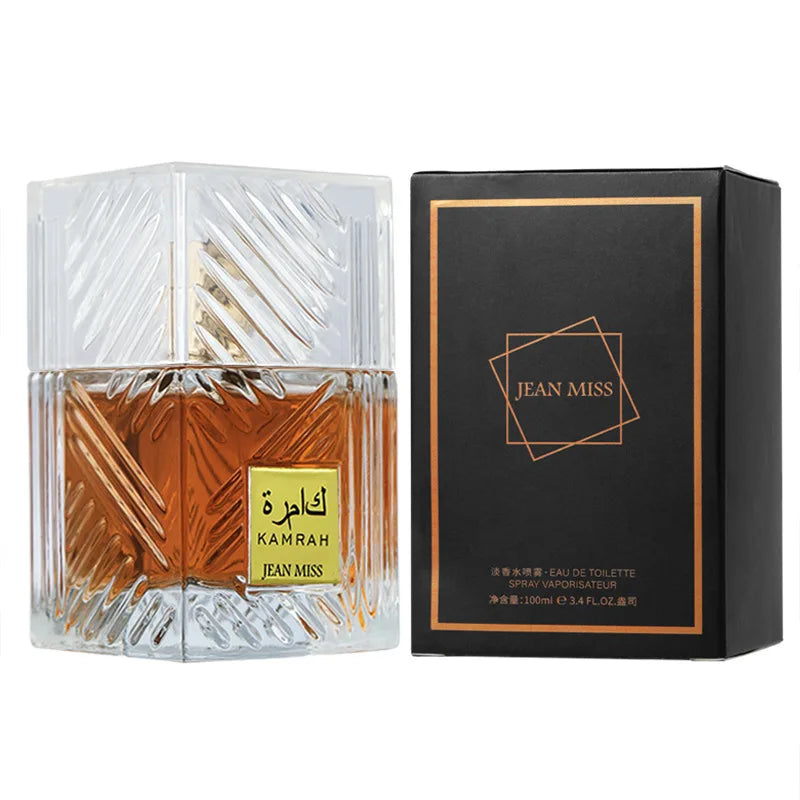 Khamrah perfume bottle with amber liquid in crystal-cut glass beside a black Jean Miss box on Tampa Home & Garden Store