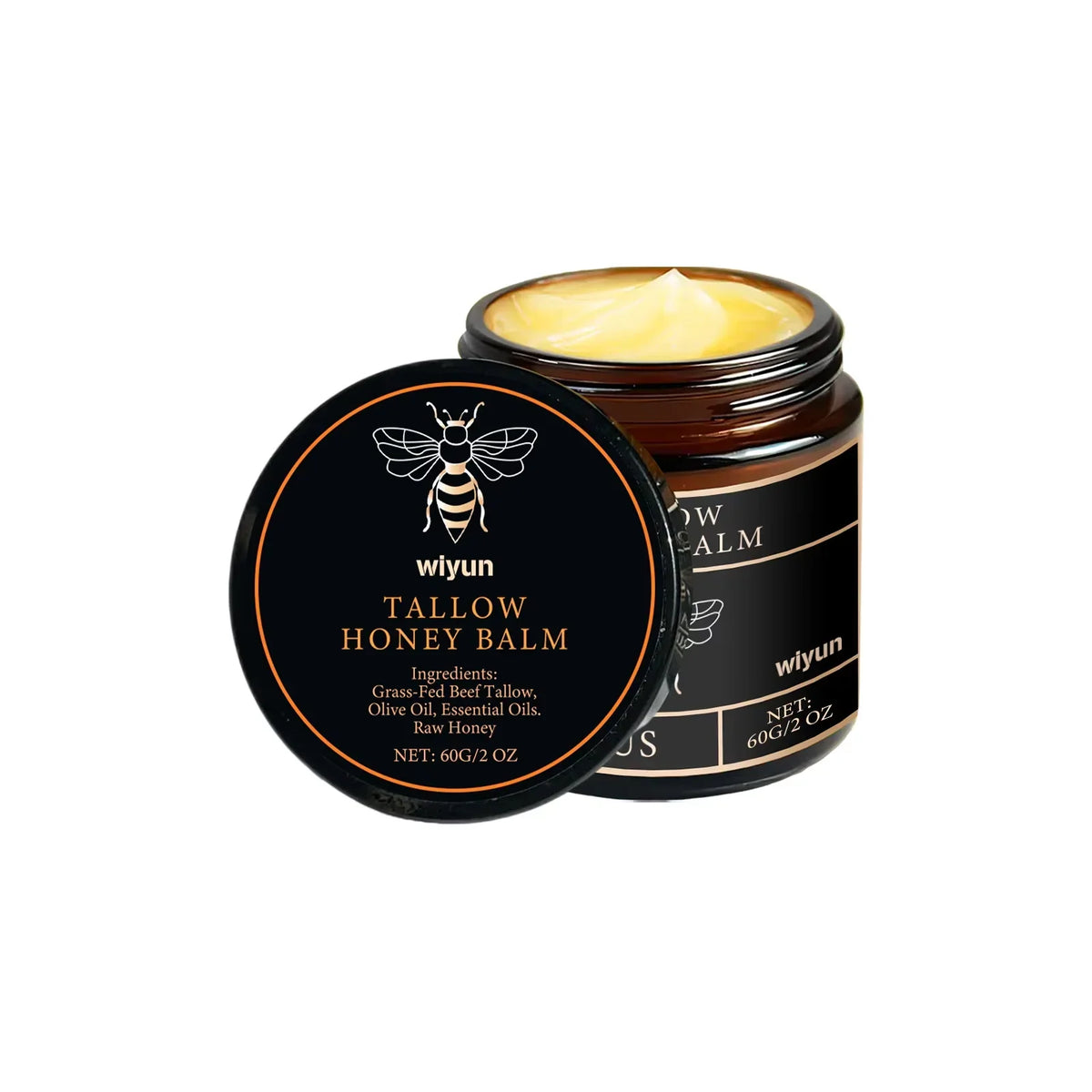 Tallow Honey Balm Silcy Skin amber glass jar with bee logo, 60g skin moisturizer on Tampa Home & Garden Store
