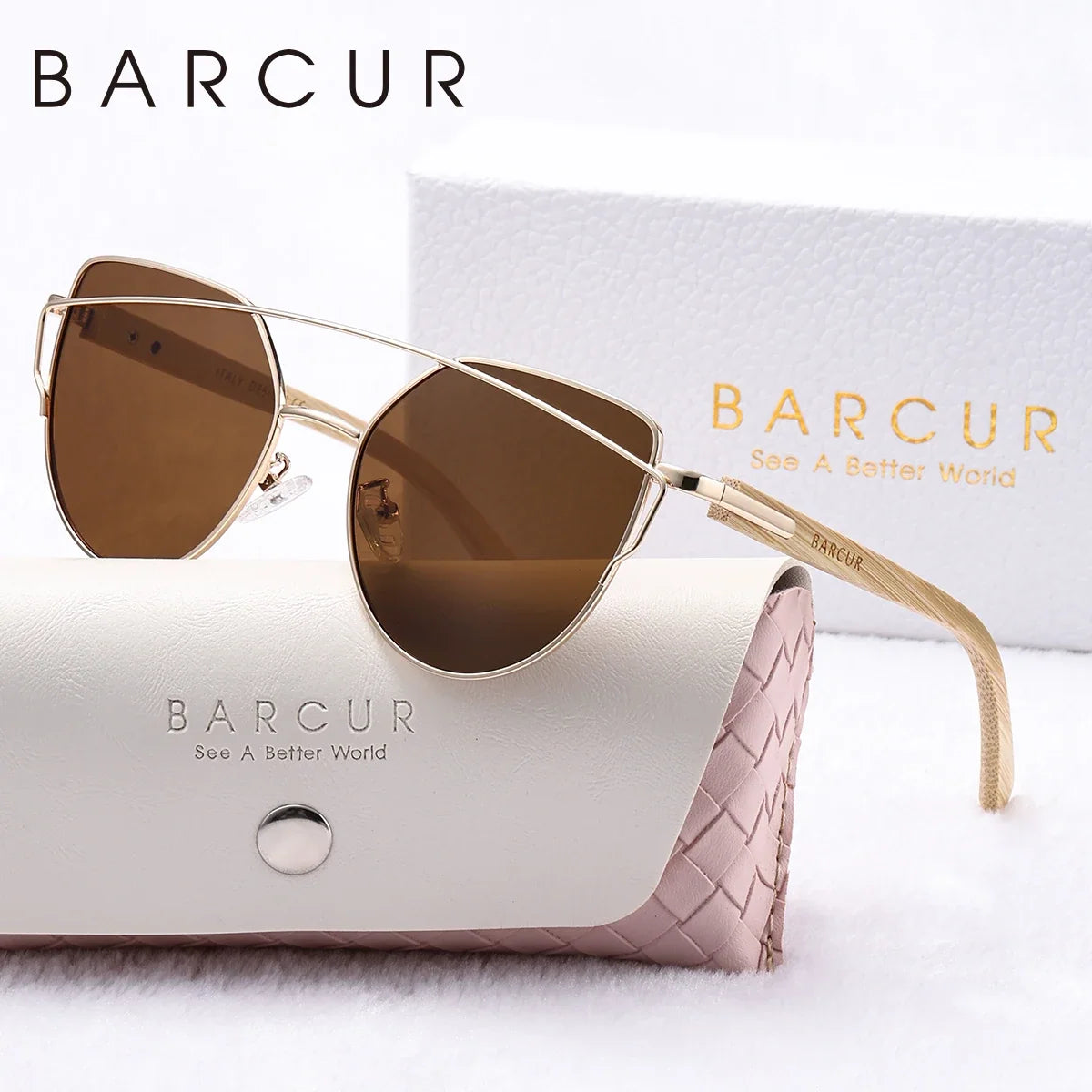 BARCUR cat-eye sunglasses with bamboo temples and brown mirrored UV400 polarized lenses in a white gift box on Tampa Home & Garden Store
