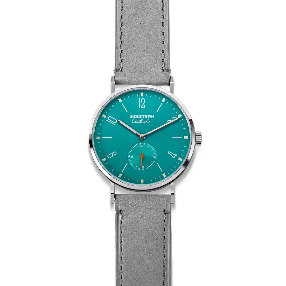Men's Ultra-Thin Automatic Dress Watch teal dial, stainless steel case, gray leather strap on Tampa Home & Garden Store