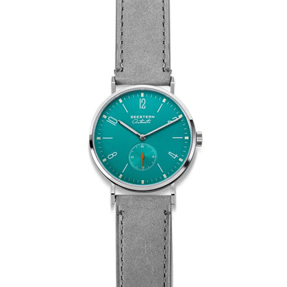 Men's Ultra-Thin Automatic Dress Watch teal dial, stainless steel case, gray leather strap on Tampa Home & Garden Store