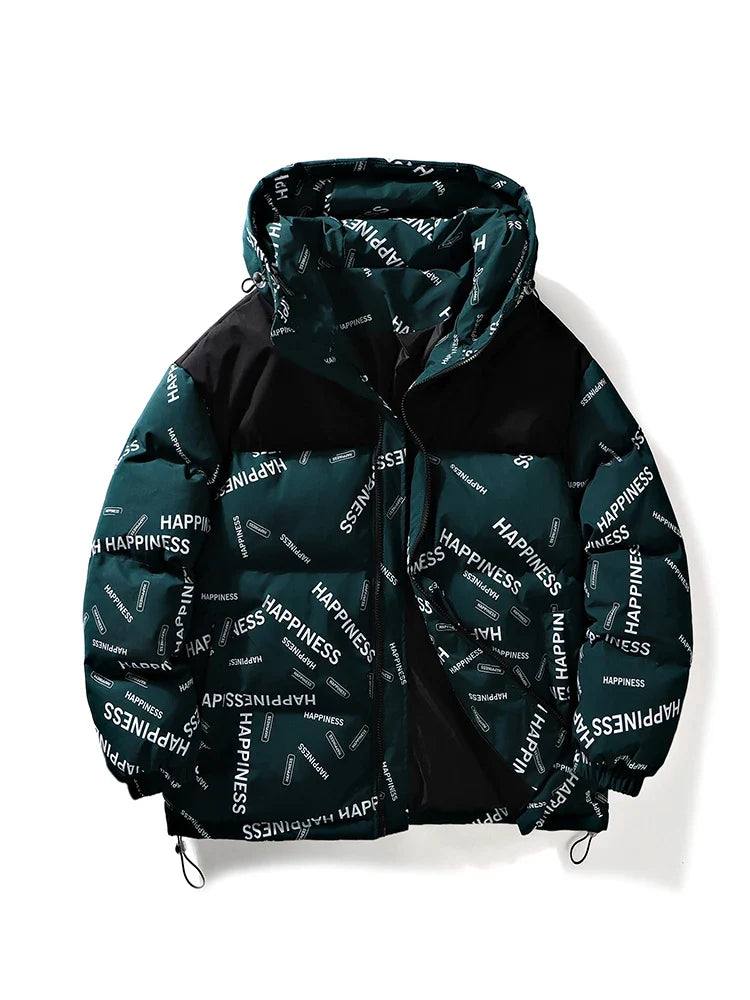 Men's winter parka with thick cotton padding, teal and black panels, Happiness text pattern on hood and body on Tampa Home & Garden Store