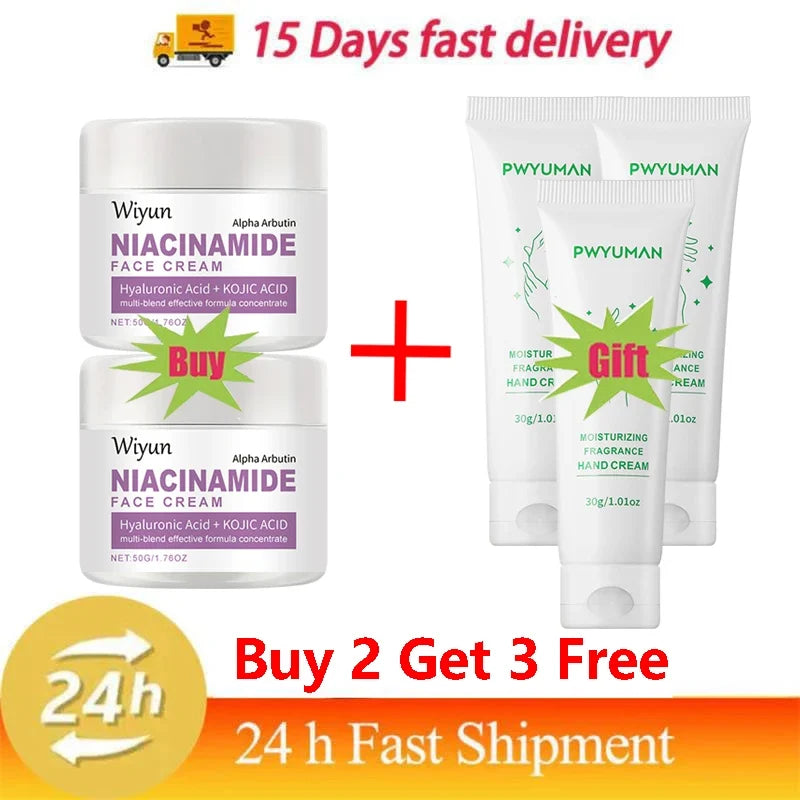 Wiyun Niacinamide face cream jars with hyaluronic + kojic acid gift tubes on Tampa Home & Garden Store