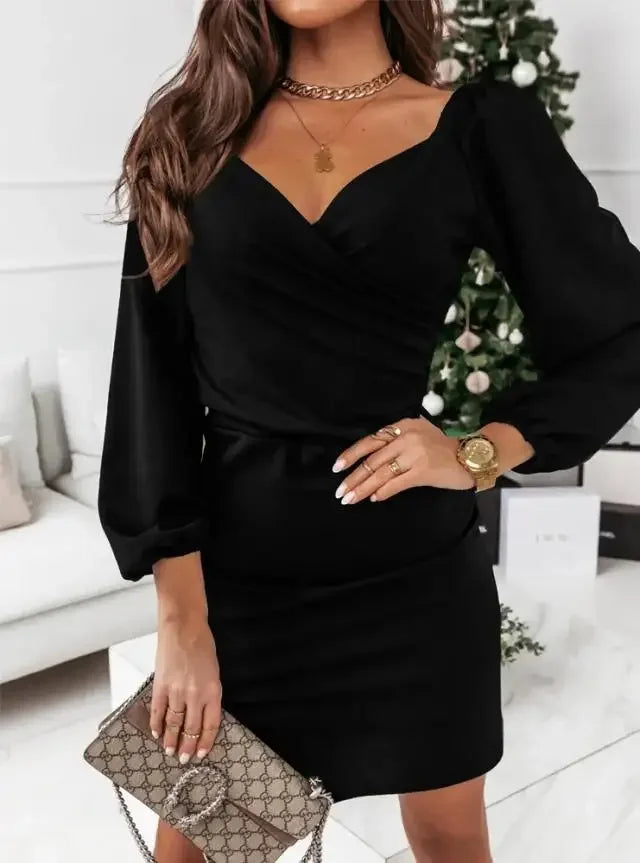 Women's V-Neck Dress black puff sleeves wrap waist by UpTrend Deals, chic evening look on Tampa Home & Garden Store