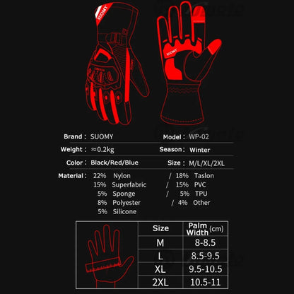 Pair of SUOMY WP-02 winter windproof waterproof touchscreen motorcycle gloves in black/red/blue on Tampa Home & Garden Store