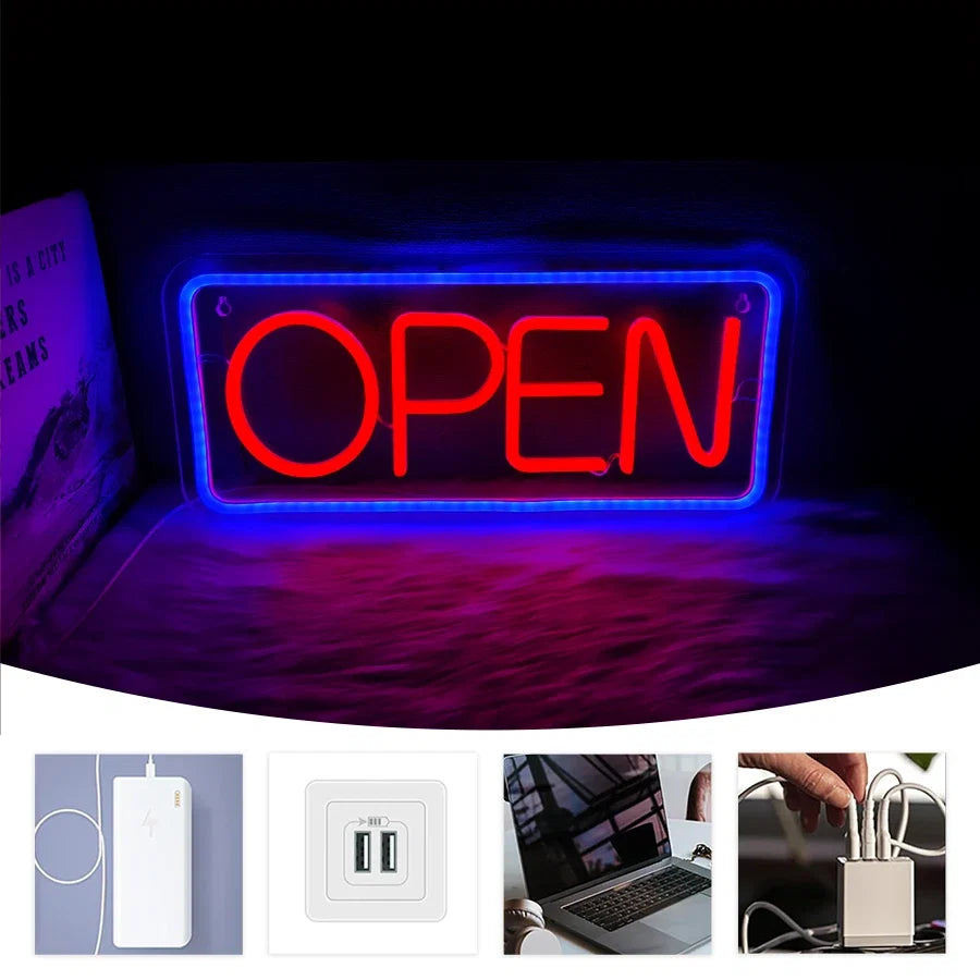 Open neon sign Perfecsy USB-powered decor lamp with red OPEN lettering and blue border on Tampa Home & Garden Store