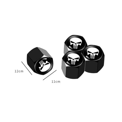 Anti-Theft skull valve caps set of four, black hexagonal valvecaps with white skull emblem on Tampa Home & Garden Store
