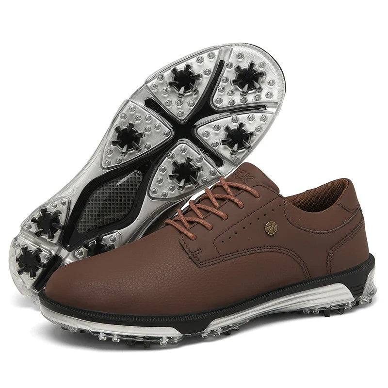 EstaliosFit men's brown leather waterproof golf shoes with spiked outsole on Tampa Home & Garden Store