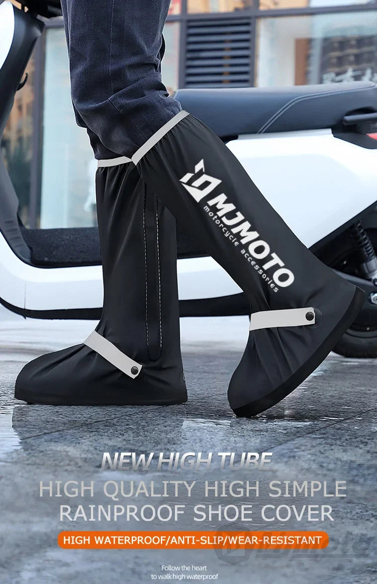 Motorcycle shoe cover black waterproof non-slip with white adjustable straps, BikerZoneZ branding on Tampa Home & Garden Store