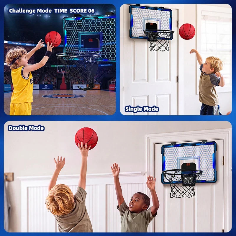 Basketball hoop wall-mounted indoor training set for kids with blue frame and 7 LED scoreboard on Tampa Home & Garden Store